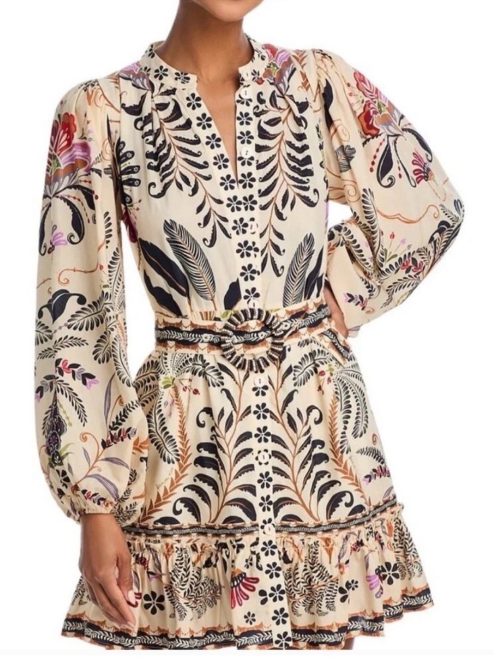 FARM RIO Cream Floral Long Sleeve Mini Dress sz M - Picture 2 of 10